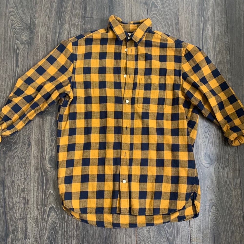 Mustard/Navy Plaid Long Sleeve Button Up